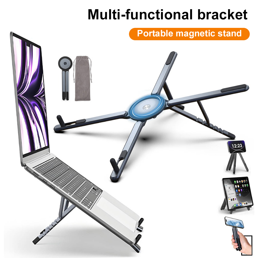 Laptop Stand Portable - ที่วางโทรศัพท์แม่เหล็กแบบพกพาและไม้เซลฟี่ 3-in-1 ขาตั้งกล้องแบบพับได้สำหรับ iPhone iPad แท็บเล็ต